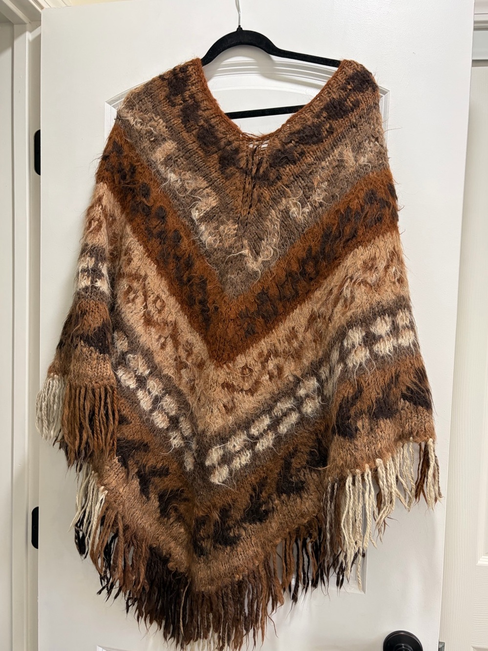Coordinated Earth Tone Alpaca Knit Fringed Festival Poncho Sweater Boho